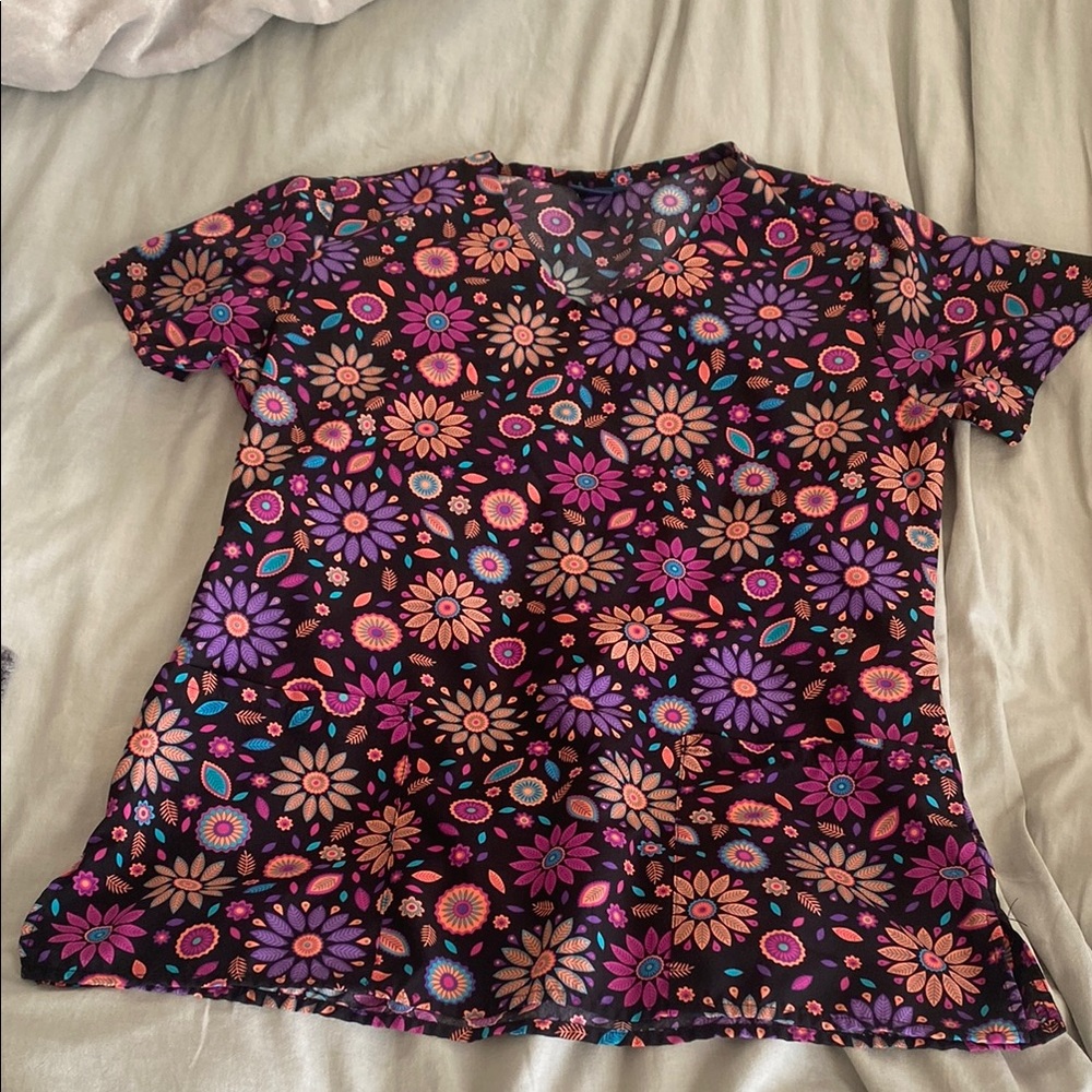 Floral Black and Purple Scrub Top